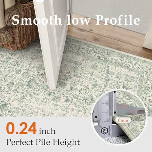 Runner Rug 2x8 Sage Green Hallway Washable Vintage Distressed Kitchen Carpet Non Slip Neutral Low Pile Retro Floral Farmhouse Long Throw Rug Entryway Bathroom Office Laundry Dining Room