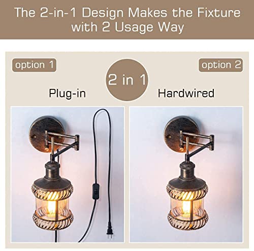 Swing Arm Wall Lamp, 2-In-1 270 Angle Adjustable Industrial Rustic Wall Sconces With Plug In Hardwired On/Off Switch Glass Shade Retro Iron Wall Light Fixtures For Bedside Bedroom Bathroom Living Room #TOP5