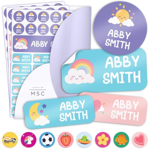 Personalized Name Labels for Kids, 80-148 Pack Waterproof Custom Daycare Name Stickers for Clothing Tags, Lunch Boxes and School Supplies, Made in USA by MSC - Daydream