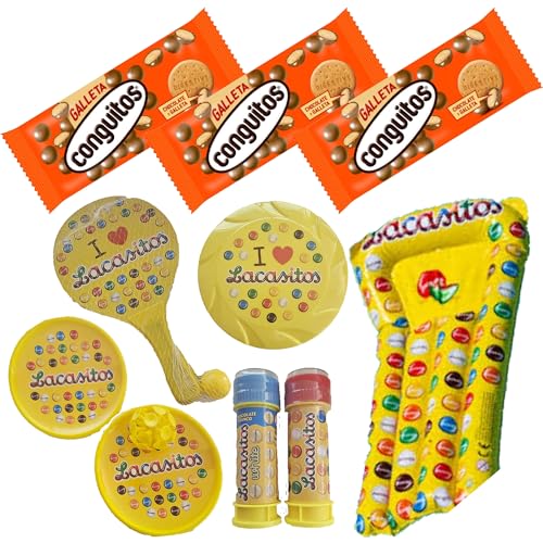 Pack vacaciones Lacasitos y Conguitos:3 galleta leche bolsa 50g,palas con ventosa y con pelota , pompero,frisbee y colchoneta