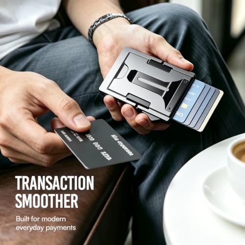 Image of Tactical Mens Wallet, RFID NFC Blocking Pop Up Card Holder, 1.3cm Ultra Slim Space Aluminum Minimalist Money Clip Wallet for Men With ID Window Gray