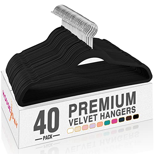 Image of HOUSE DAY Black Velvet Hangers 40 Pack, Non Slip Clothes Felt Hanger Heavy Duty for Coat, Premium Slim Space Saving Suit Hangers for Closet Organizer, 360 Rotating Silver Hook