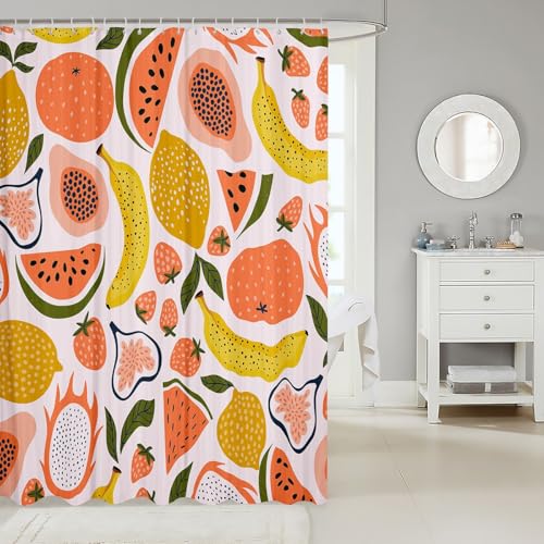 Image of Fruit Shower Curtain Strawberry Watermelon Bathroom Shower Curtain Set for Kids Adult Cute Papaya Lemon Pitaya Bath Curtain Cartoon Tropical Fruit Waterproof Curtains Colorful Room Decor 72x72 Inch