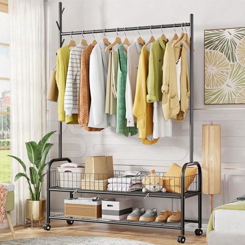 Image of Lukzer | MGR-004 | Black | Metal Cloth Stand & Garment Organizer with Wheels, 2 Bottom Shelves & Mesh Base - Freestanding Coat Rack for Bedroom, Laundry, Office & More | 173 x 110 x 35 cm
