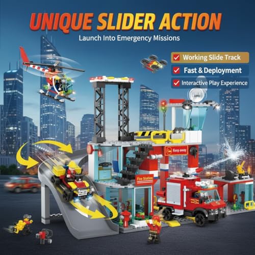 Image of SKY LINE OCEAN Fire Station Slider Building Block Set, 651+ PCS City Fire Rescue Playset with Action Slider Feature, Fire Truck & Accessories, STEM Construction Toy | 5 Year Structural Warranty