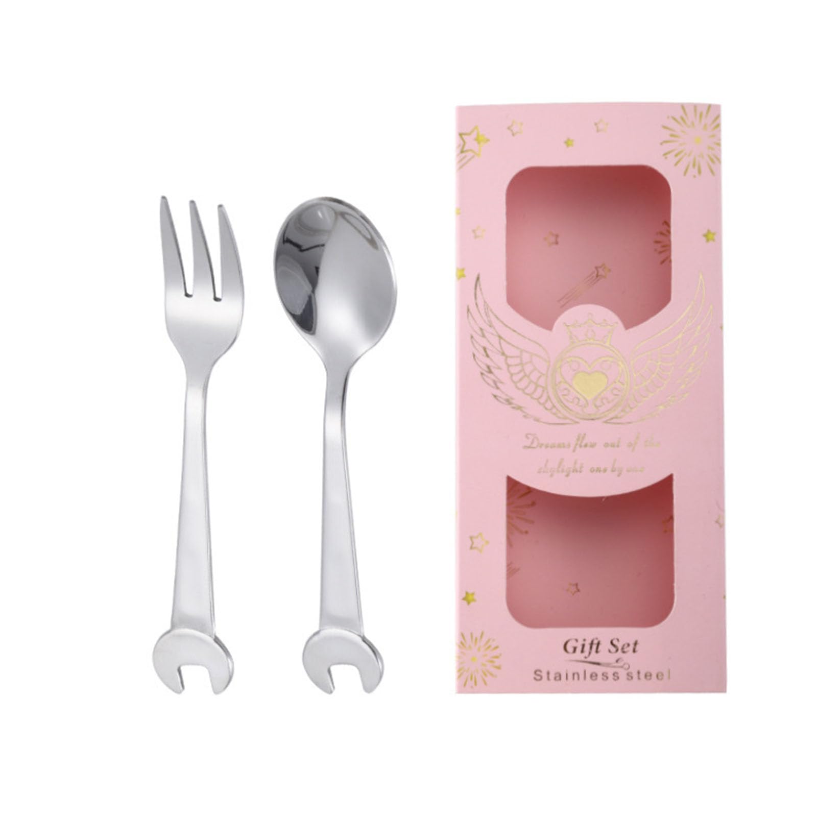 jiingekk Stainless Steel Wrench Shaped Spoon and Fork Set Multipurpose Kitchen Utensils for Dessert Coffee Stirring Stainless Steel Spoon Fork Set