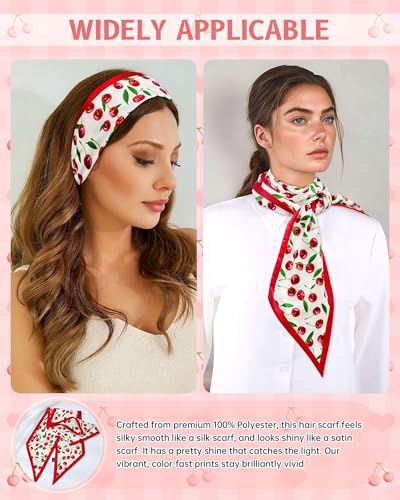 Mesovor Cherry Head Scarf Hair Neck Scarves for Women, Fashion Purse Bag Scarfs | Long Thin Satin Headscarf Headbands4