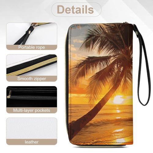 Tropical Beach Palm Tree Sunset Leather Wallet Smooth Zip Around Clutch Wristlet Travel Long Soft Purse for Women 5