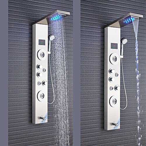 Sistema de Torre de Panel de Ducha de Acero Inoxidable con Cabezal de Ducha LED, Cascada, Ducha de Mano, Jets Corporales, Grifo para Tina y Display de Temperatura miniatura 5