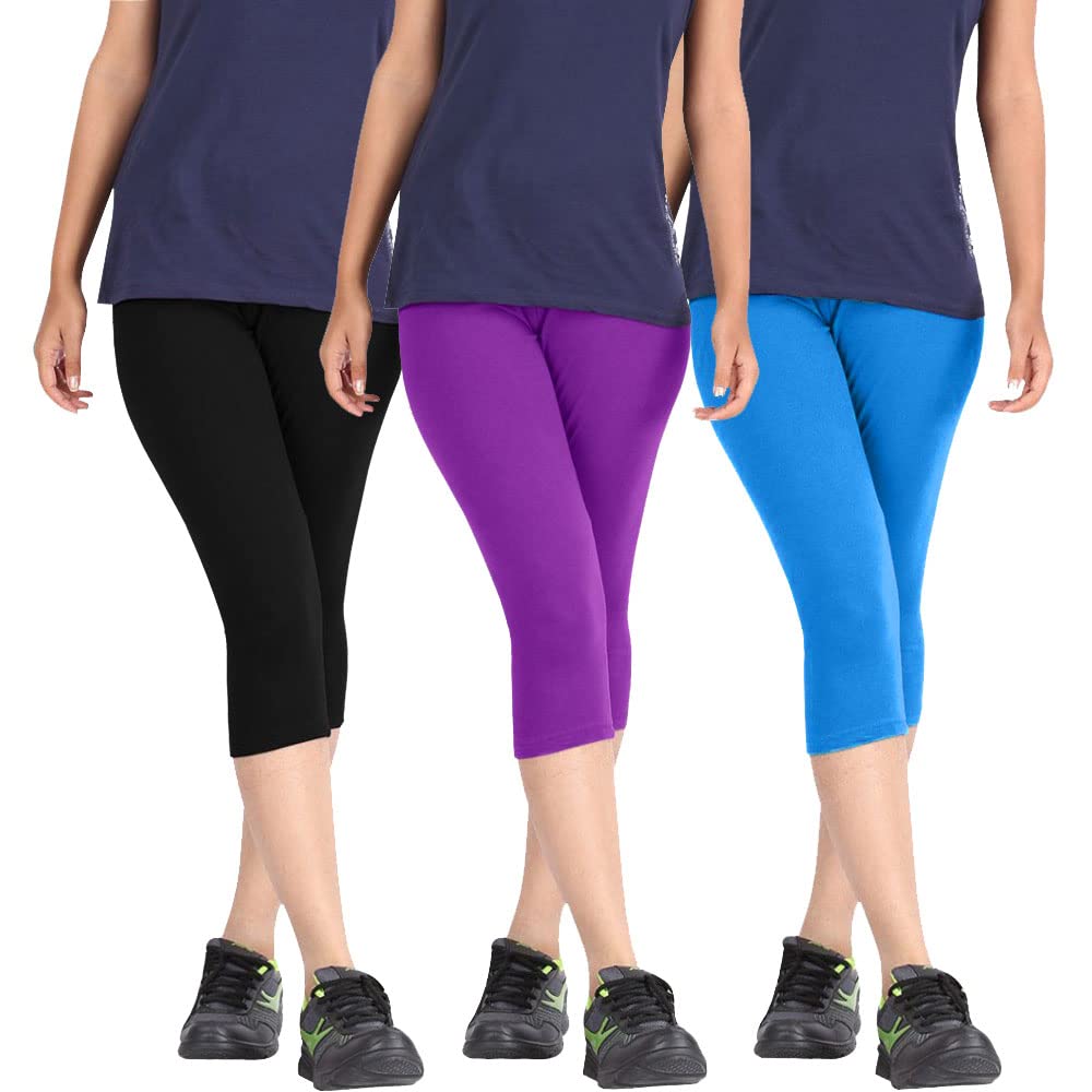 pixie fashion Biowashed Cotton Stretchable Capri Legging Combo Pack of 3 for Women/Girls/Ladies (Black, Purple and Sky Blue) - Free Size-picture-27