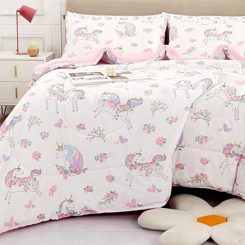 Viviland Kids Full Bedding Sets for Girls Soft Full Comforter Set with Sheets 7 Pieces Microfiber Bed in a Bag White Unicorn