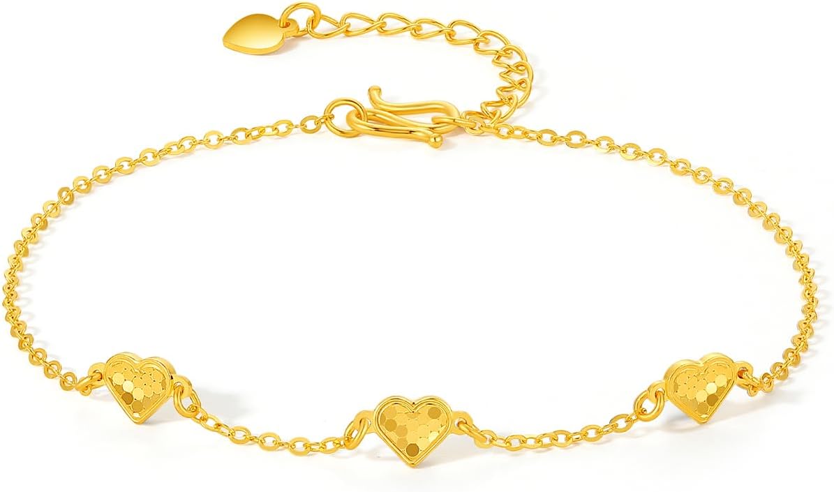 24K Solid Gold Bracelet for Women, Real Pure Gold Love Heart Bracelet Dainty Jewelry Fashion Heart Charm Dainty Jewelry Gold Chain Bracelet for Mother Lovers