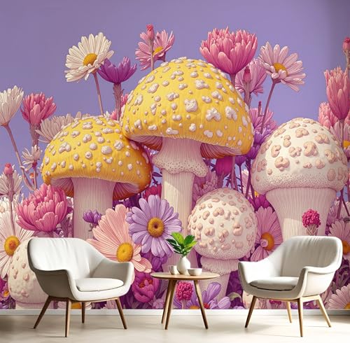 Carta Da Parati Effetto 3D 150X105Cm Funghi Naturali Fiori Fotomurali Murale Alla Moda Decorazione Da Muro Xxl Lavanda Viola Piante Hippie Per Salotto Camera Da Letto Ufficio Corridoio