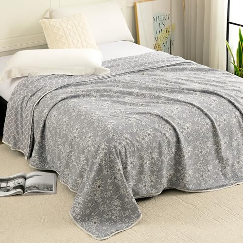 Image of Story@Home Dohar Double Bed Cotton | 150GSM 225 x240 cm Quilt AC Blanket for Summer | AC Comforter Double Bed | Grey & White Floral & Abstract Reversible Design Duvet | All-Season Blanket