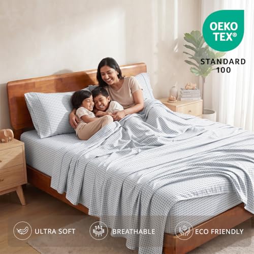 Image of LANE LINEN 100% Organic Cotton Bedsheet for Double Queen - Polka Dot Blue | GOTS Certified, Percale Weave, 90x100 inches, Soft & Breathable, Machine Washable, Includes 2 Pillow Covers