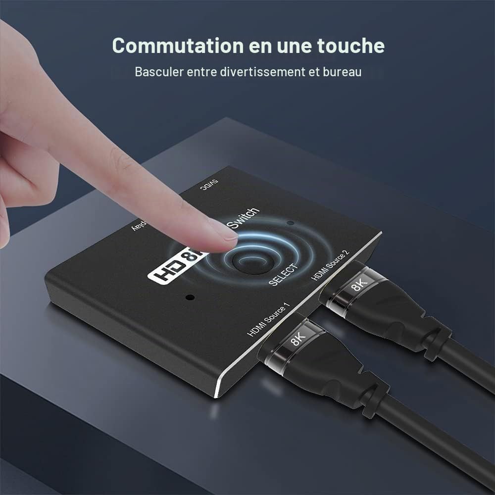 Directionnel HDMI 2.1 Switcher Commutateur Ultra HD 8K Haute Vitesse 48Gbps 2in 1out 8K@60Hz 4K@120Hz Convertisseur Séparateur Compatible avec Les Moniteurs PS5