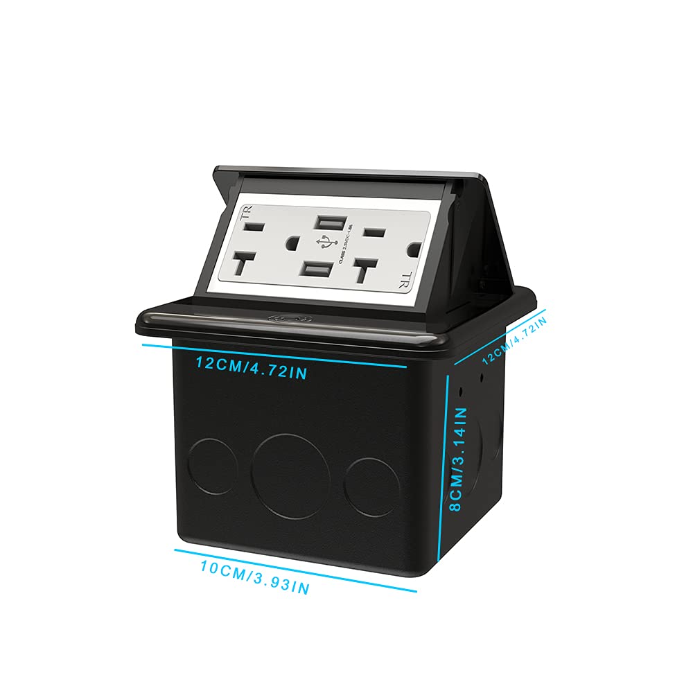 Pop Up Waterproof Floor Electrical Box with 4.8A USB Chargers and 2 Outlet Receptacle Stainless Steel Nickel Plating