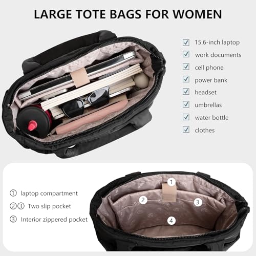 Image of Puffer Tote Bag for Women Quilted Nurse Bag Lightweight Work Bag for Teacher Travel Handbag with Multiple Pockets