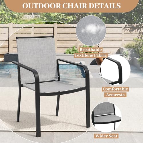 Image of Anmutig 7-Piece Outdoor Dining Set, Powder Coated Steel Table with 6 Stackable Chairs and Rectangular Table, Grey Fabric