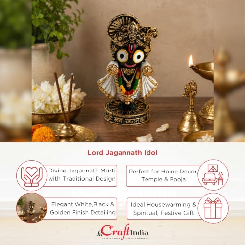 Image of eCraftIndia Lord Jagannath Idol Decorative Showpiece for Home Temple Puja Room Office Desk Spiritual Gift Handcrafted Resin Figurine Traditional Hindu God Murti for Vastu and Festive Decor