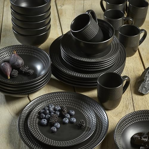 ECHTWERK 30-teiliges Vintage Kombiservice 'BlackStyle' Modern-Design, für 6 Personen, Geschirrset aus Steingut mit 6 x Speiseteller, 6 x Beilagenteller, 6 x Schüssel, 6 x Teetassen, 6 x Suppenteller