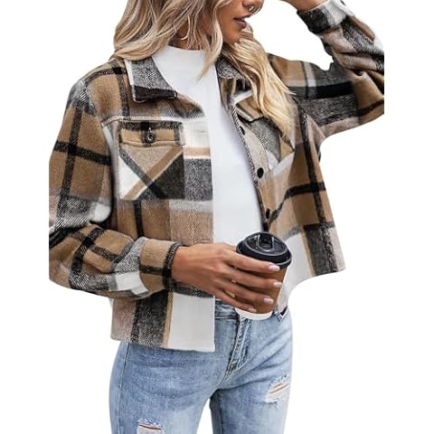 Zeagoo Women's Cropped Plaid Flannel Jacket Cover