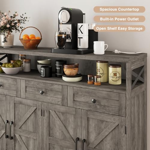 Image of FiveWillowise 51 inch Farmhouse Buffet Sideboard with Storage, Kitchen Pantry Cabinet with Storage Drawers, Wood Cupboard Hutch, Coffee Bar Station Table for Kitchen, Living Room, Dining Room, Grey