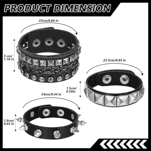 YUXIANLB 3 Stück Punk Rock PU Lederarmband, Punk Rock Armband Nietenarmband Gothic Breites Armband Manschette Verstellbare Armreif Kostümparty