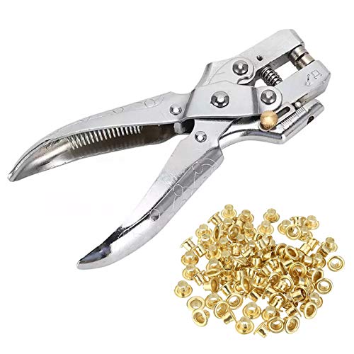 Eyelet Hole Punch Pliers Eyelet Grommet Punch Tool with 100 Pieces Gold Eyelets Grommets for Leather,Belt,Clothes,Bag,Shoe Decorative 3/16 Inch Metal Grommets Kit