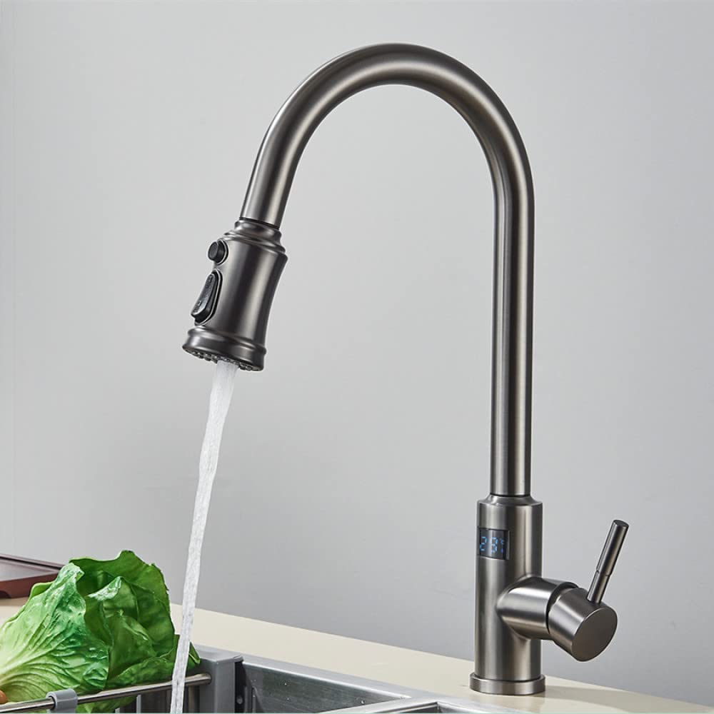 Display Digitale Intelligente Rubinetto Cucina Gourmet Rubinetti Touch Sensore Grigio Nero Rubinetti Estraibili Flessibili Rubinetti 3 modalità Gru,Grey