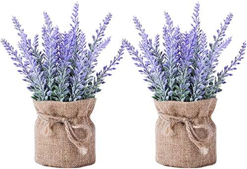 YAPASPT 2 Pack Small Burlap Potted Lavender Flowers - Artificial Plants and Flocked Charming Purple for Warm and Loving Table Decor Christmas Decoration