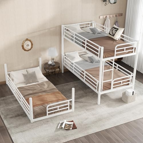 Image of Twin Over Twin Over Twin Bunk Bed with Safety Guardrails, Modern Metal Triple Bed Frame for Kids, No Box Spring Required, White