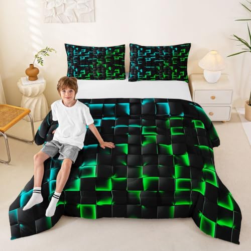 Image of Erosebridal Geometric Checkered Boys Bedding Set King Size Neon Teal Green Comforter Set for Kids Teen Men Gamer Room Decor,Abstract Ombre Plaid Comforter Grids Quilt Duvet Black