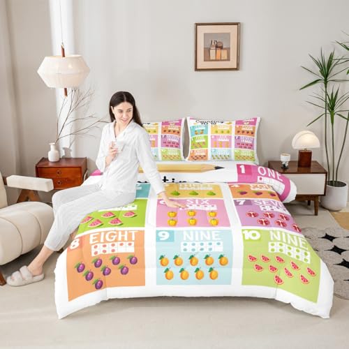 Image of Feelyou Kids Numbers Duvet Insert Full Size, Educational Comforter Set Boys Girls for Fruits Bedding Set Learning Teens Bedroom Decor with 2 Pillow Case