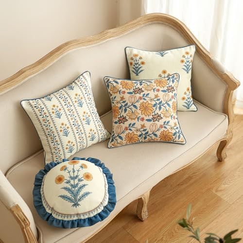 ISAENNE Design Round Simple Elegant Linen Throw Pillow Covers Diameter 16" Pack of 2, Blue Yellow Floral Pattern Cushion Covers Decor Pillowcases for Bed, Living Room, Outdoor, Car by ISAENNE - Used condition - Image 3