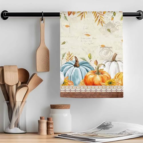 Image of Fall Kitchen Towels Harvest Pumpkin Thanksgiving Hand Towels Leaves Sunflower Dish Towel Cleaning Cloth Soft Absorbent Quick Drying Dish Cloths for Kitchen, Bathroom Autumn Decoration