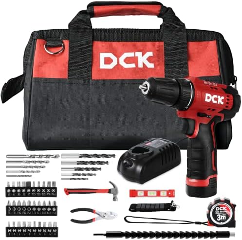 DCK Brushless Cordless Drill Set, 12V Cordless Drill with 2.0Ah Battery and Charger, 3/8’’ Keyless Chuck, 2 Variable Speeds, 20+1 Torque Power Tool Kit for Screw Wood/Ceramic/Tile/Metal (KDJZ23-10)