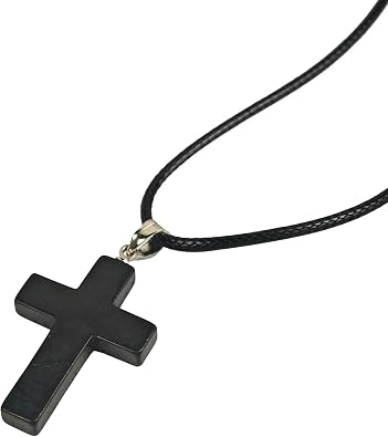 Shungite Crystal Cross Necklace - Black Healing Pendant with Leather Cord