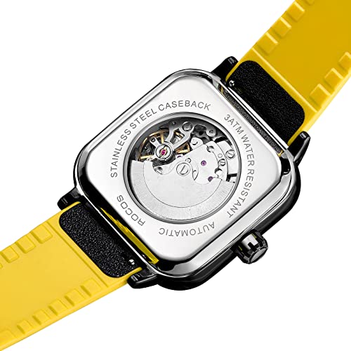 Image of ROCOSJEWE Automatic Watches for Men Skeleton Mechanical Watch Stainless Waterproof Anti Shock Casual Analog Dress Watch Leather Band Vintage Square Ultra Thin Business Wristwatch R0917