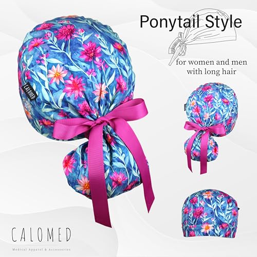 Image of Scrub Cap for Women and Men, Ponytail Scrub Caps, Working Hat, Head Cover with Ribbon Ties and Buttons, Long Hair