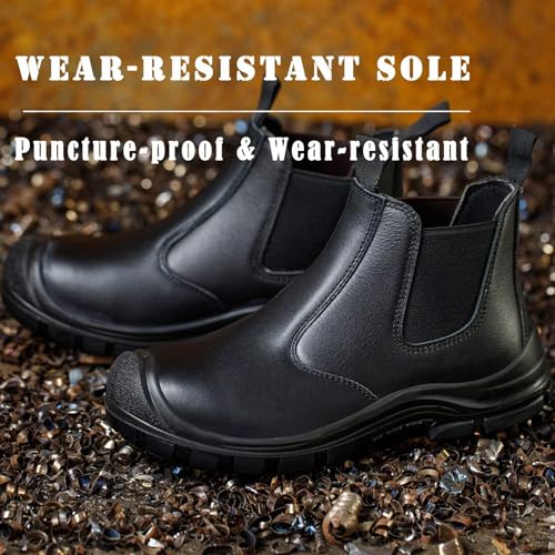 Work Boots for Men, Steel Toe Chelsea Slip On Safety Boots, Cow Leather Waterproof Comfortable Puncture-Resistant Work Shoes4