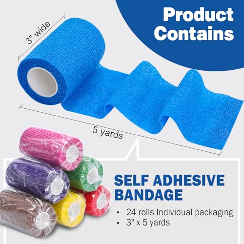 Image of AZEN 24 Pack Self Adhesive Bandage Wrap, 3 inch X 5 Yards Elastic Cohesive Bandage Wrap, Color Athletic Tape, Vet Wrap, Ankle Tape, Tattoo Grip Tape Wrap