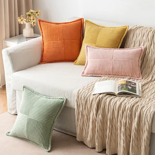Image of MIULEE Decorative Throw Pillow Covers for Couch Bed Livingroom 18x18 Inch Set of 2 Gold Boho Accent Throw Pllows Broadside Striped Patchwork Soft Corduroy Summer Pillowcases
