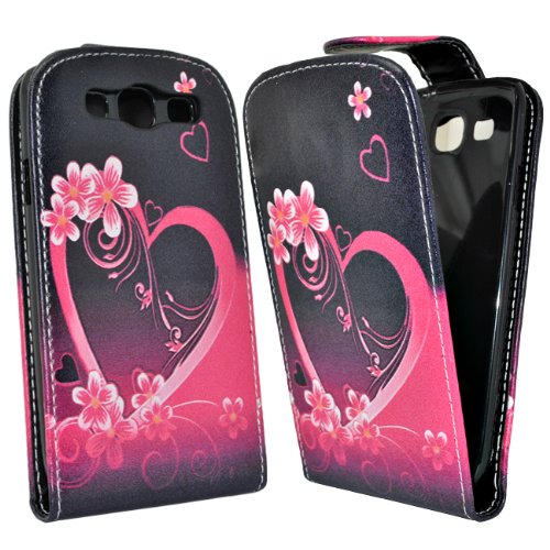 Accessory Master - Funda de piel con tapa para Samsung Galaxy S3 i9300, diseño de corazón y flores, multicolor