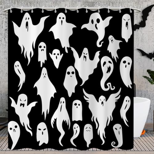 Caheansi Halloween Shower Curtain Black and White Spooky Ghosts Icons Funny Cute Halloween Bathroom Curtain Waterproof Fabric Machine Washable with Hooks 72 Wx72 L