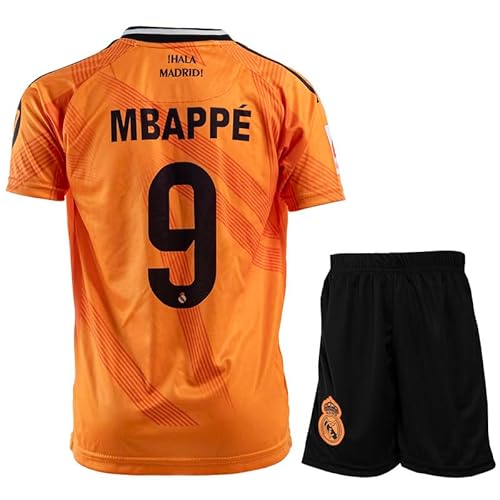 PraiseLight R. Madrid Mbappe #9 Orange Away - Camiseta de fútbol para niños con corta, tallas juveniles (naranja, 176 (12-13 años))