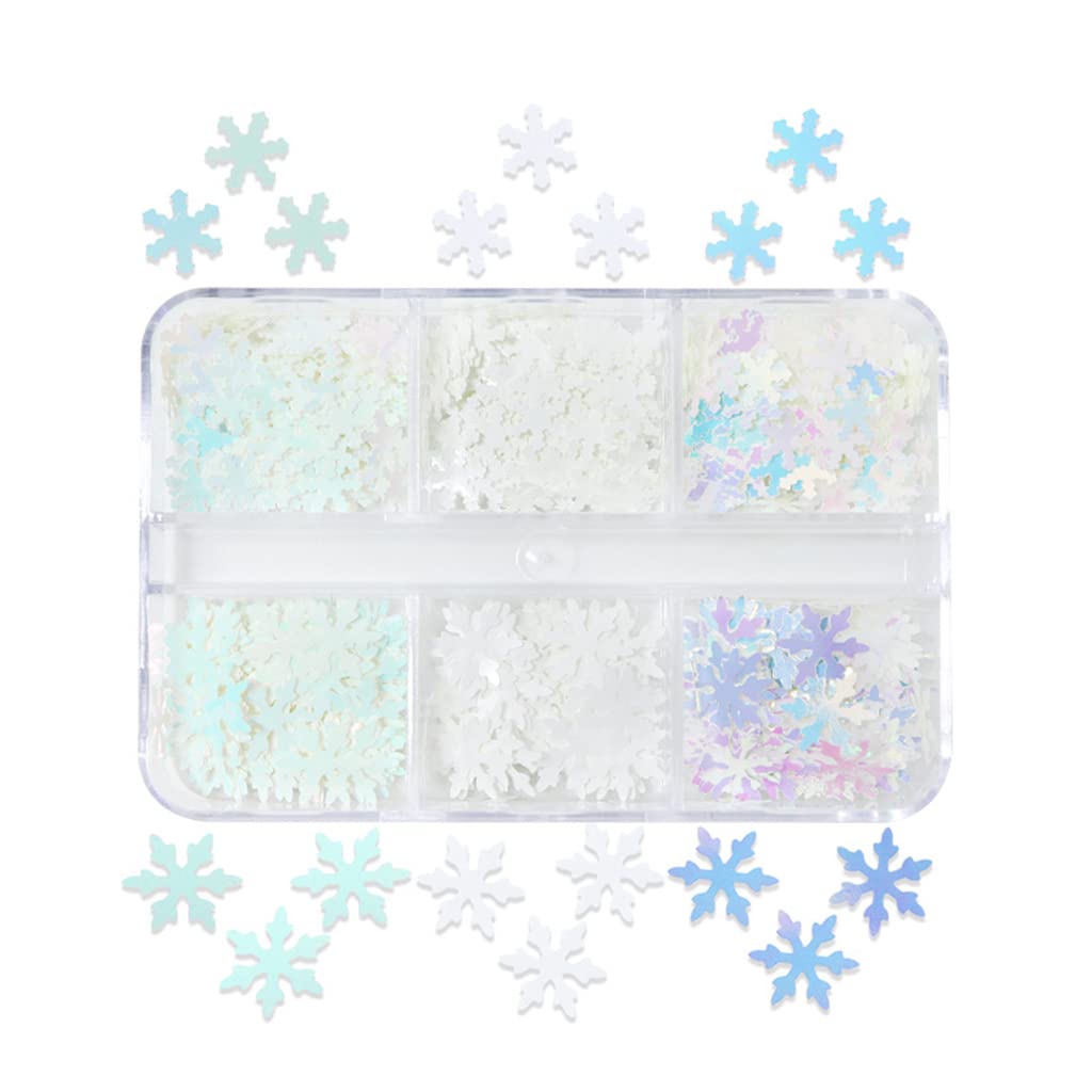 YOUKOLO 6 Grids Winter Christmas Mixed White Snowflake Nail Glitter Sequins 3D Holographic Snow Flakes Nail Art Decoration