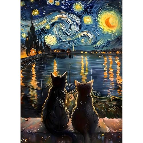 EOBROMD 5D Diamond Painting Kit Completo Gatto, Notte Stellata Pittura Diamante FAI DA TE, Scena Notturna Diamond Painting Adulti, Strass Ricamo a Punto Croce Painting per Decorazione Casa 30x40cm