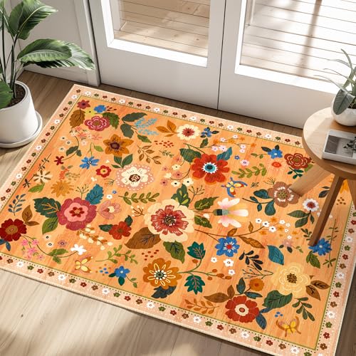 Floral 2x3 Area Rug Machine Washable Soft Print Boho Carpet Non Slip Doormat Low Pile Flower Area Rugs for Living Room Bedroom Nursery Kitchen Dining Room Indoor-Yellow/Orange