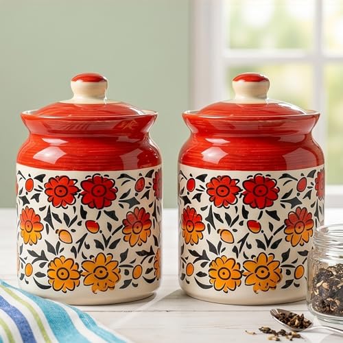 Image of Ceramic Handmade Pickle Jars in 1000ml (set of 2) | Handpainted Floral Bale 1 kg Achaar Martban | Ceramic Jadi for Kitchen Storage (Set of 2) | Jars for Achar, Spices, Salt (HandPainted Red Sunflower)